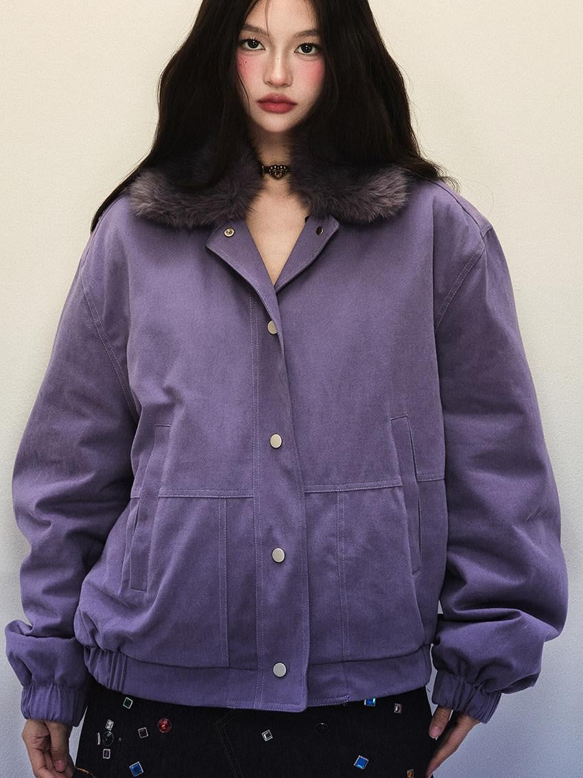 1P STUDIO Purple Workwear Oversized Padded Detachable Fur Collar Women&