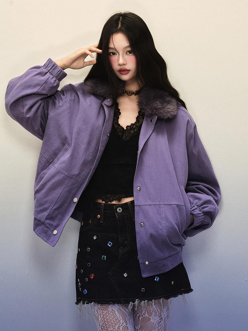 1P STUDIO Purple Workwear Oversized Padded Detachable Fur Collar Women&