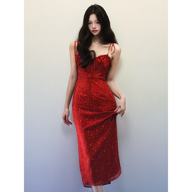 1P_STUDIO_Red_Floral_Spaghetti_Strap_Drawstring_V-neck_Women&