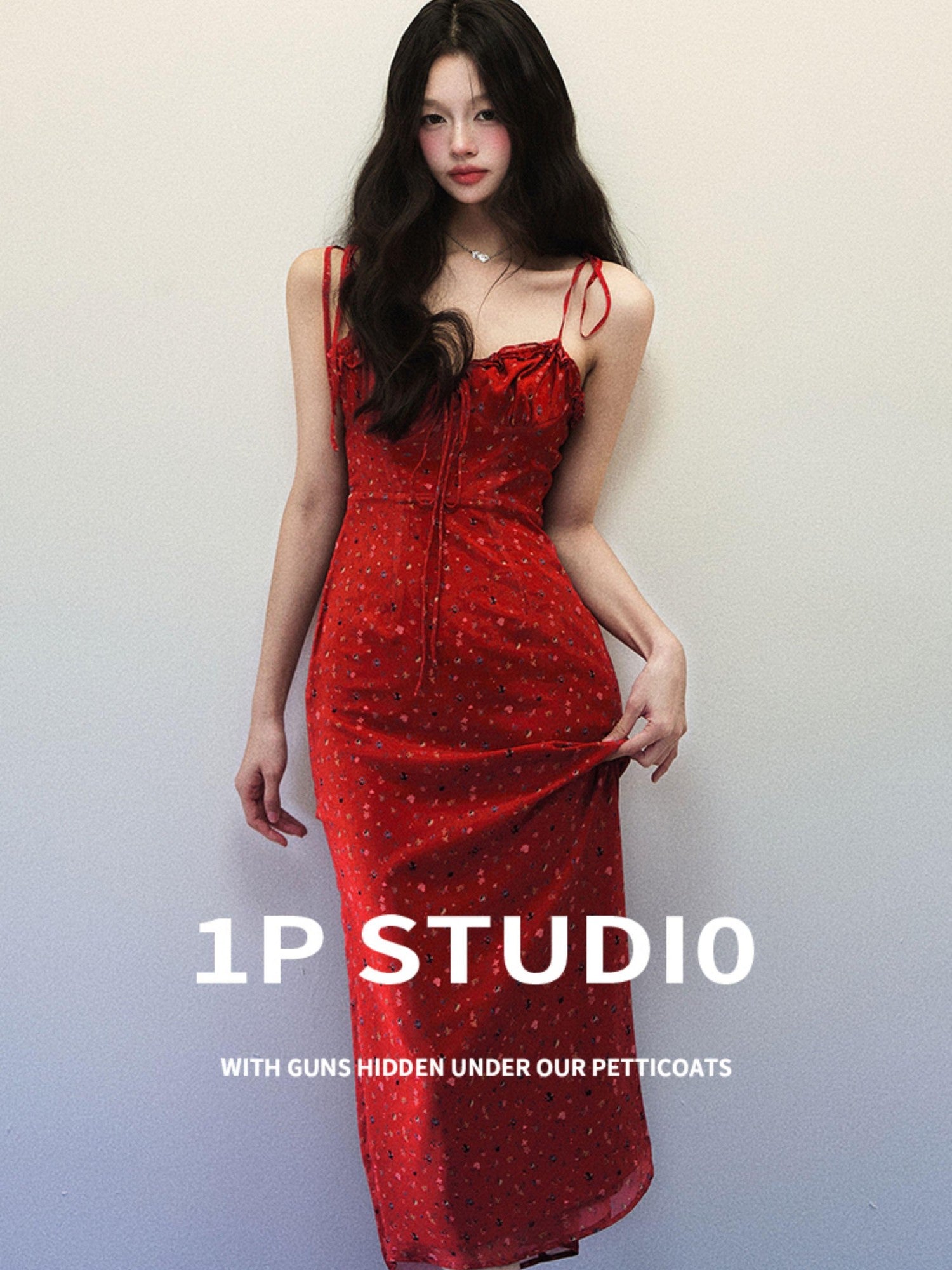 1P STUDIO Red Floral Spaghetti Strap Drawstring V-neck Women&
