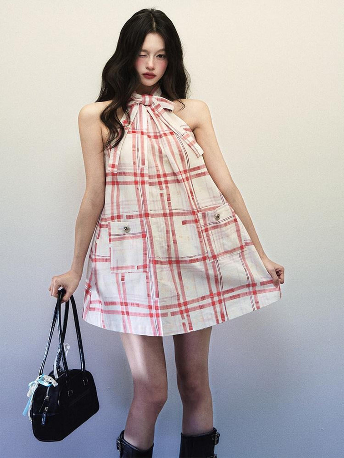 1P STUDIO Red Plaid Bow Cutout V-neck A Line Women&