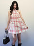 1P STUDIO Red Plaid Bow Cutout V-neck A Line Women&