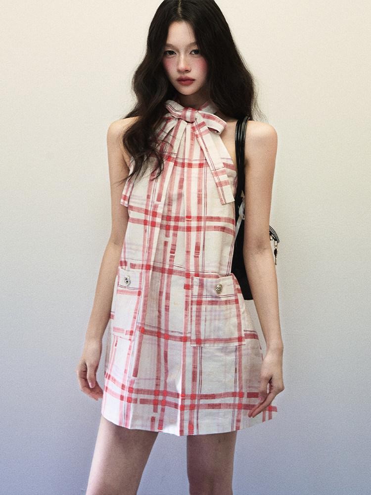 1P STUDIO Red Plaid Bow Cutout V-neck A Line Women&