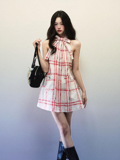 1P STUDIO Red Plaid Bow Cutout V-neck A Line Women&