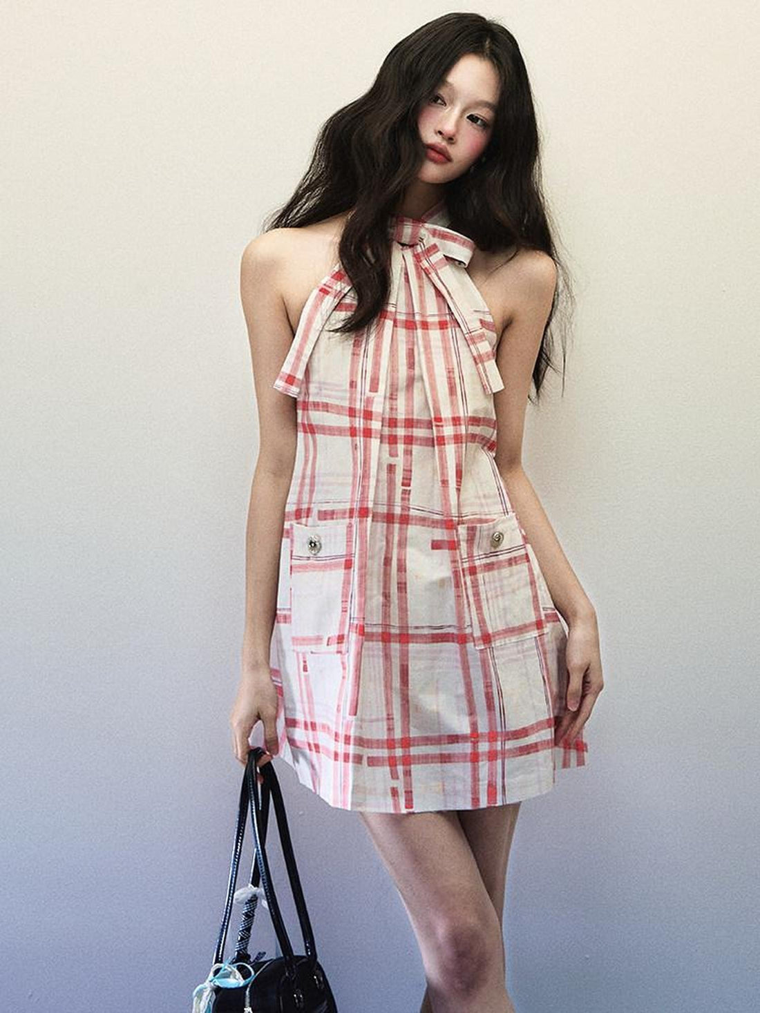 1P STUDIO Red Plaid Bow Cutout V-neck A Line Women&