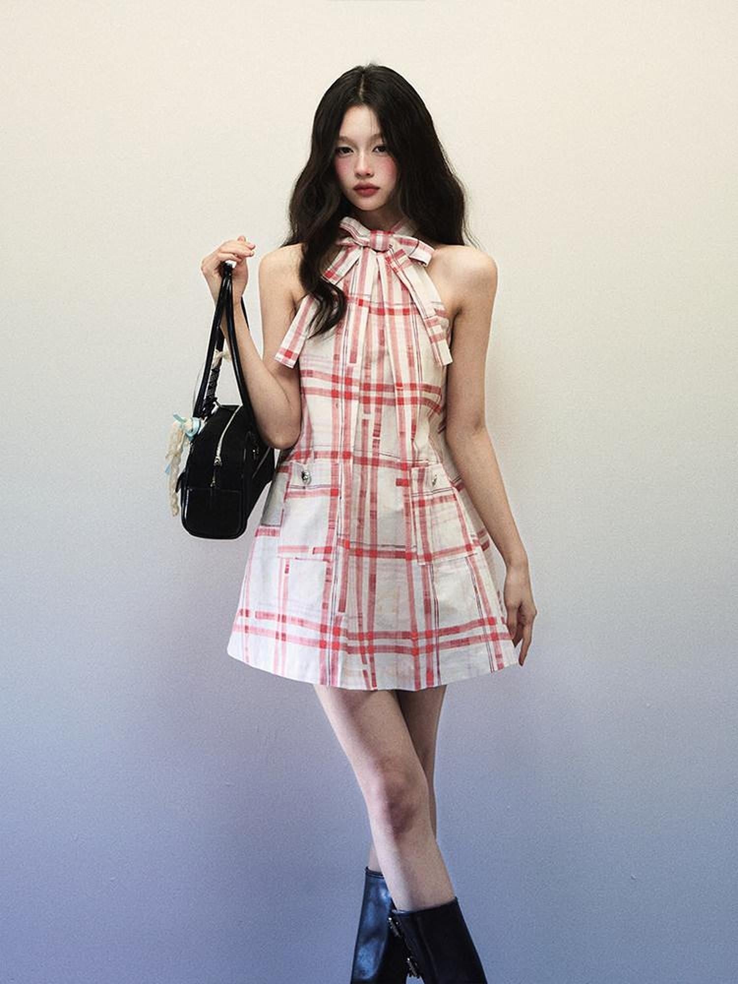 1P STUDIO Red Plaid Bow Cutout V-neck A Line Women&