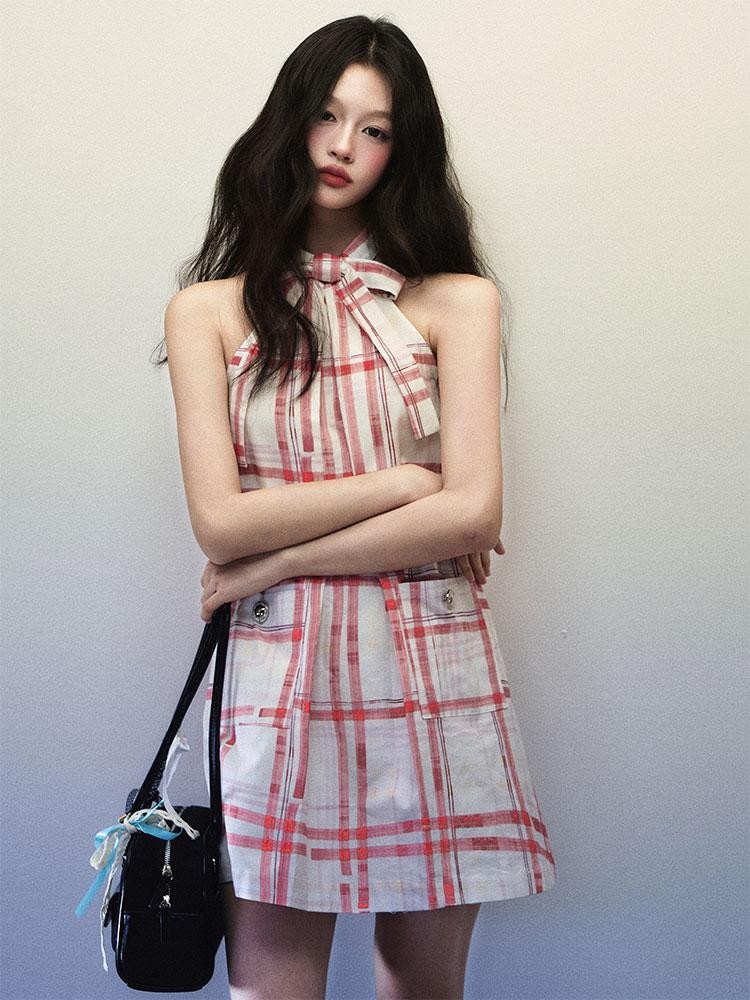 1P STUDIO Red Plaid Bow Cutout V-neck A Line Women&