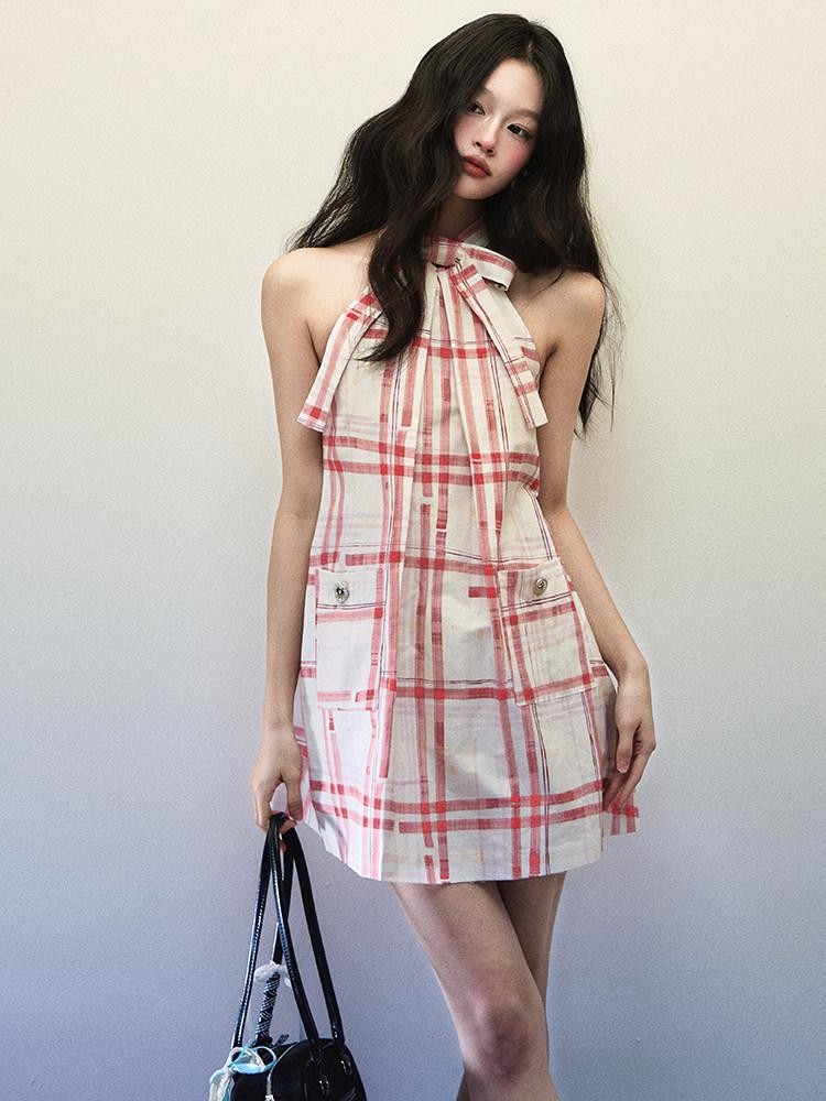 1P STUDIO Red Plaid Bow Cutout V-neck A Line Women&