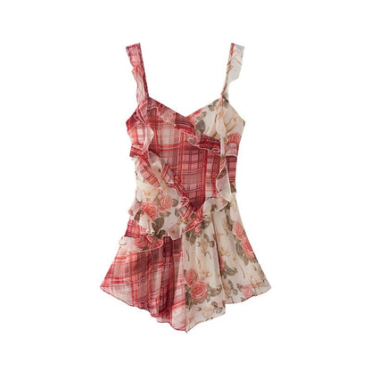 1P_STUDIO_Red_Plaid_Patchwork_Rose_Floral_Ruffle_Tie_V-neck_Women&