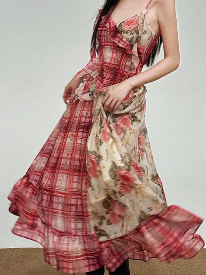 1P STUDIO Red Plaid Patchwork Rose Floral Ruffle Tie V-neck Women&