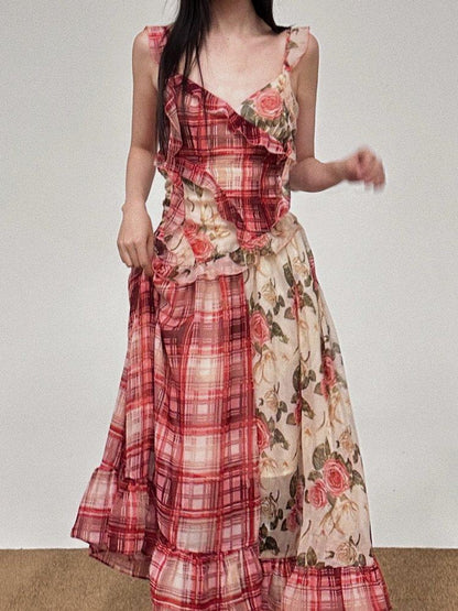 1P STUDIO Red Plaid Patchwork Rose Floral Ruffle Tie V-neck Women&