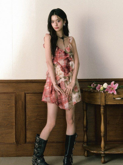 1P STUDIO Red Plaid Patchwork Rose Floral Ruffle Tie V-neck Women&