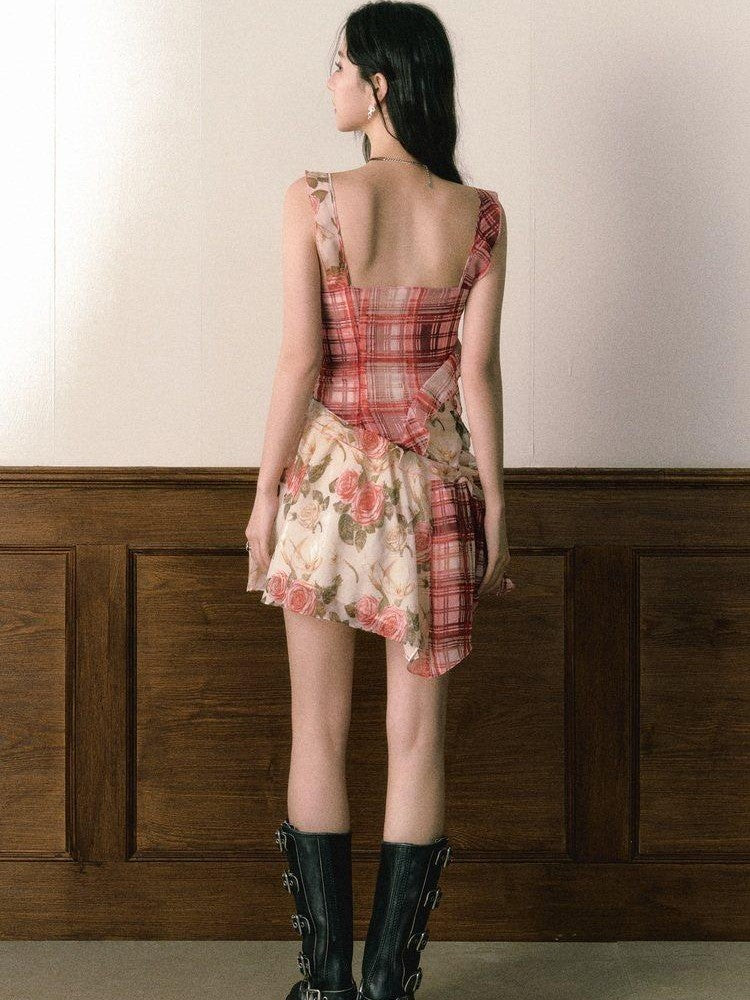 1P STUDIO Red Plaid Patchwork Rose Floral Ruffle Tie V-neck Women&