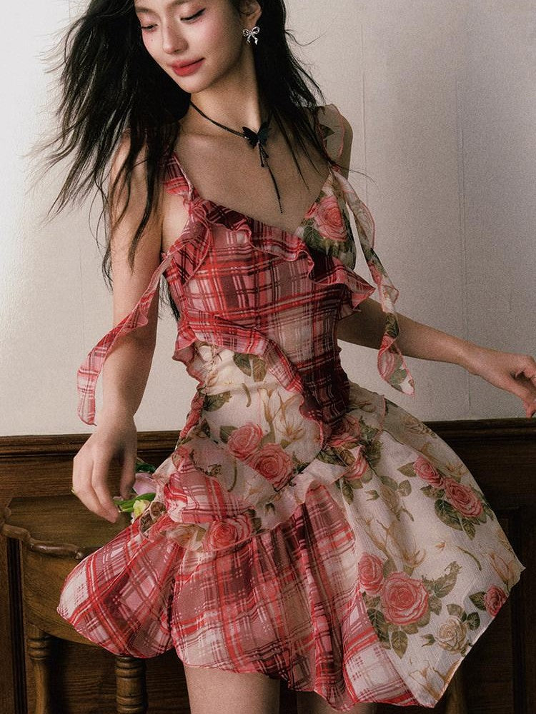 1P STUDIO Red Plaid Patchwork Rose Floral Ruffle Tie V-neck Women&