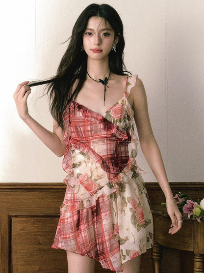 1P STUDIO Red Plaid Patchwork Rose Floral Ruffle Tie V-neck Women&