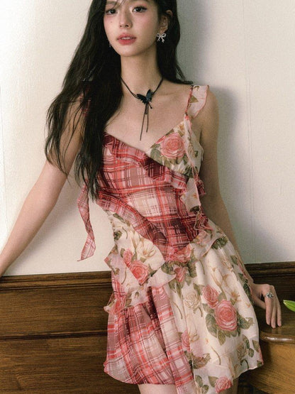 1P STUDIO Red Plaid Patchwork Rose Floral Ruffle Tie V-neck Women&
