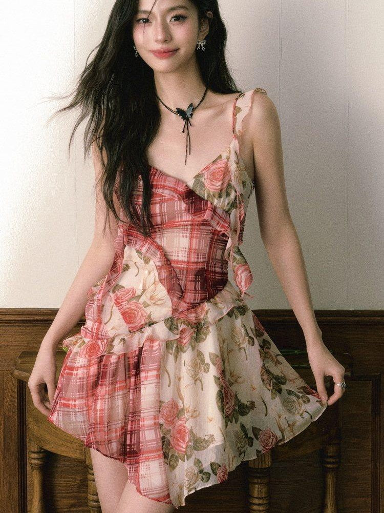 1P STUDIO Red Plaid Patchwork Rose Floral Ruffle Tie V-neck Women&