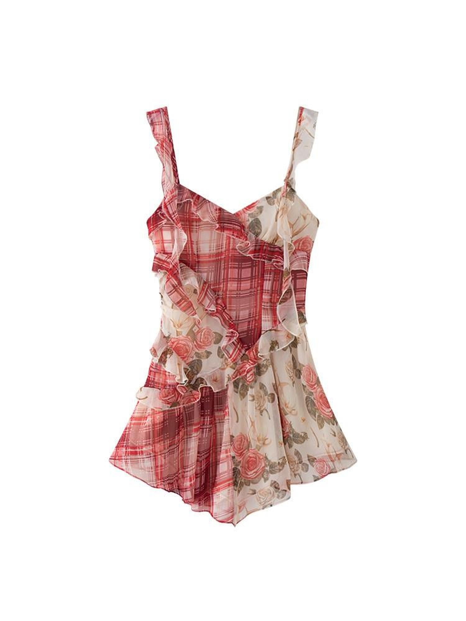 1P STUDIO Red Plaid Patchwork Rose Floral Ruffle Tie V-neck Women&