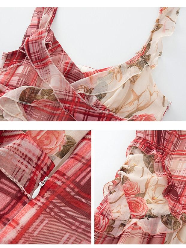 1P STUDIO Red Plaid Patchwork Rose Floral Ruffle Tie V-neck Women&