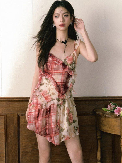 1P STUDIO Red Plaid Patchwork Rose Floral Ruffle Tie V-neck Women&