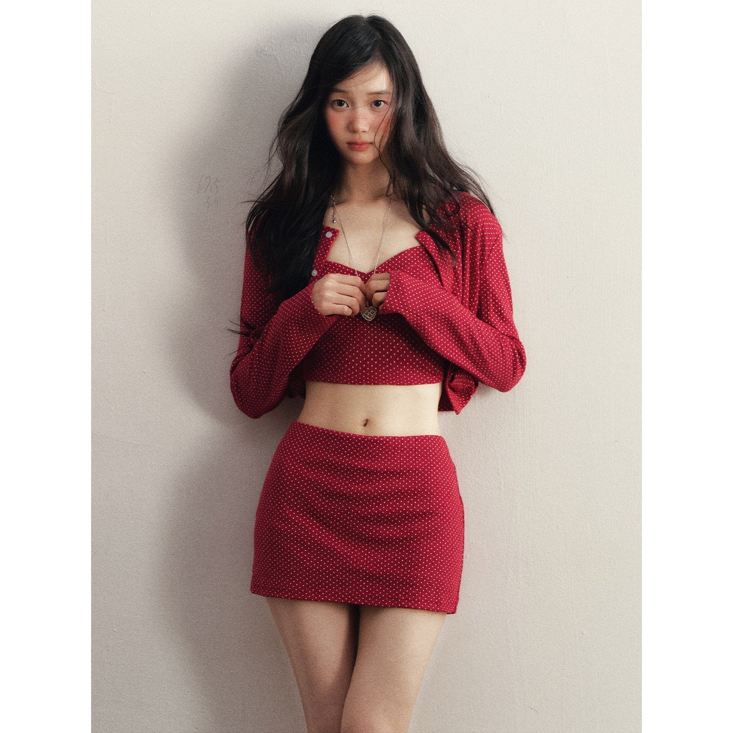 1P_STUDIO_Red_Polka_Dot_Slim_Fit_Cardigan_Cami_Knitted_Women&
