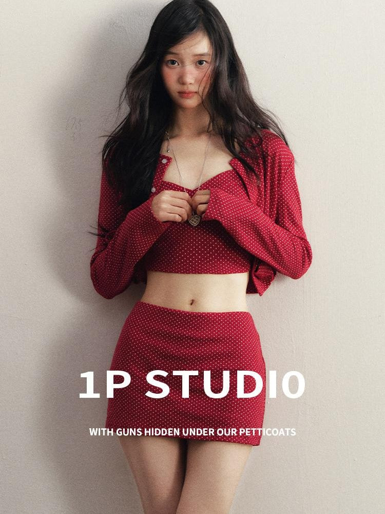 1P STUDIO Red Polka Dot Slim Fit Cardigan Cami Knitted Women&