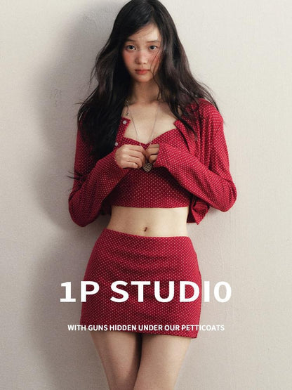 1P STUDIO Red Polka Dot Slim Fit Cardigan Cami Knitted Women&