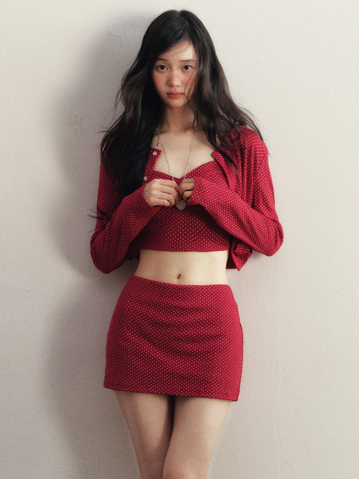 1P STUDIO Red Polka Dot Slim Fit Cardigan Cami Knitted Women&