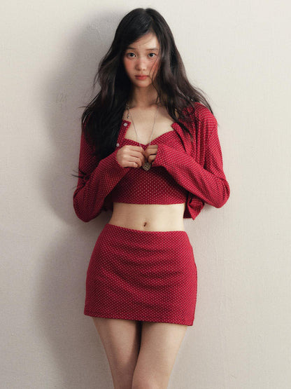 1P STUDIO Red Polka Dot Slim Fit Cardigan Cami Knitted Women&