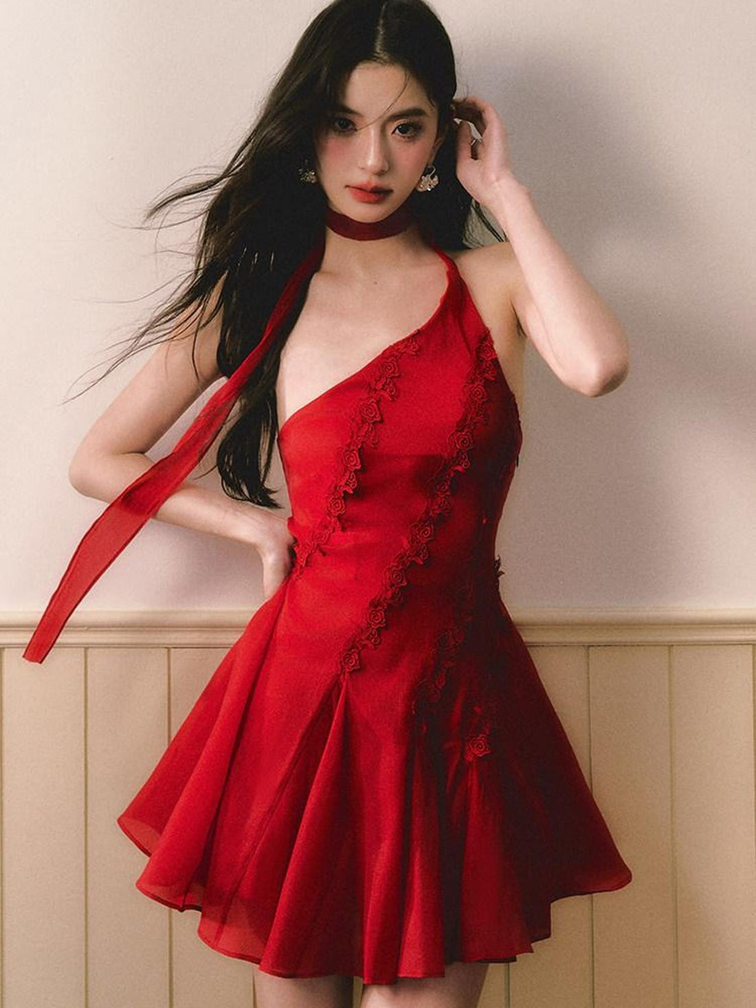 1P STUDIO Red Rose Asymmetrical One Shoulder Waist Cinched Women&