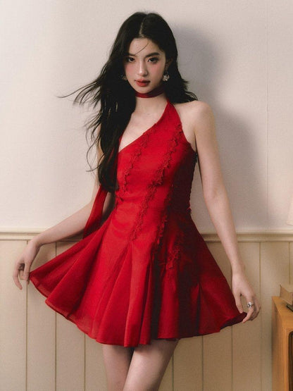 1P STUDIO Red Rose Asymmetrical One Shoulder Waist Cinched Women&