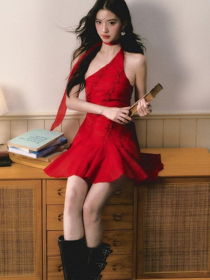 1P STUDIO Red Rose Asymmetrical One Shoulder Waist Cinched Women&