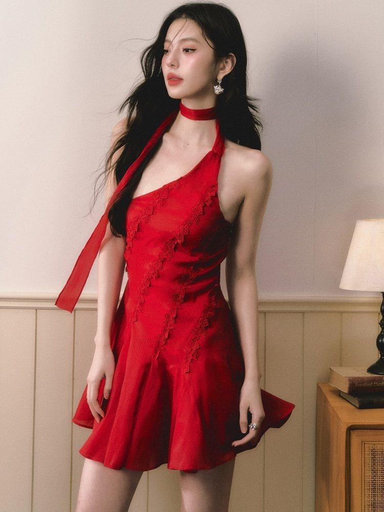 1P STUDIO Red Rose Asymmetrical One Shoulder Waist Cinched Women&