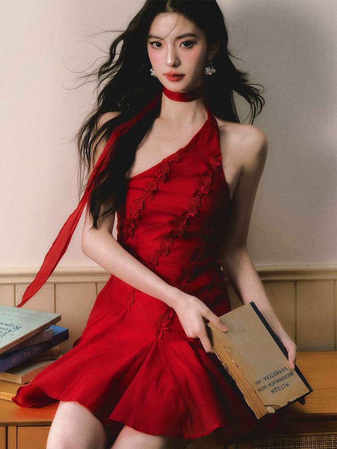 1P STUDIO Red Rose Asymmetrical One Shoulder Waist Cinched Women&