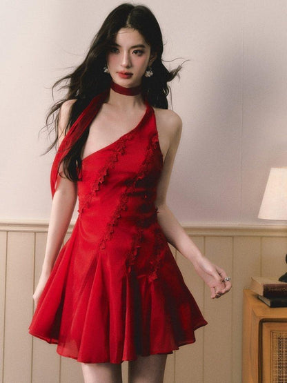 1P STUDIO Red Rose Asymmetrical One Shoulder Waist Cinched Women&