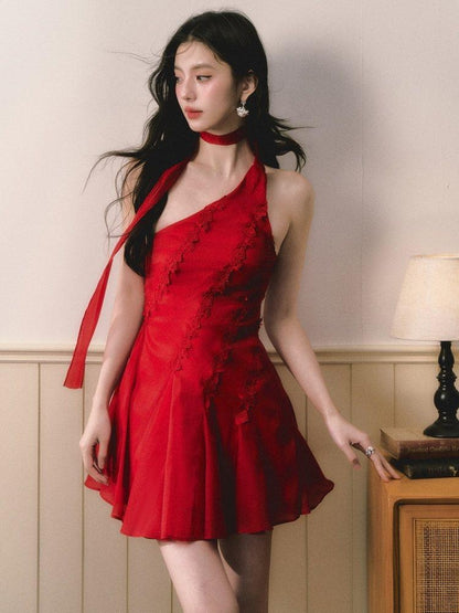 1P STUDIO Red Rose Asymmetrical One Shoulder Waist Cinched Women&