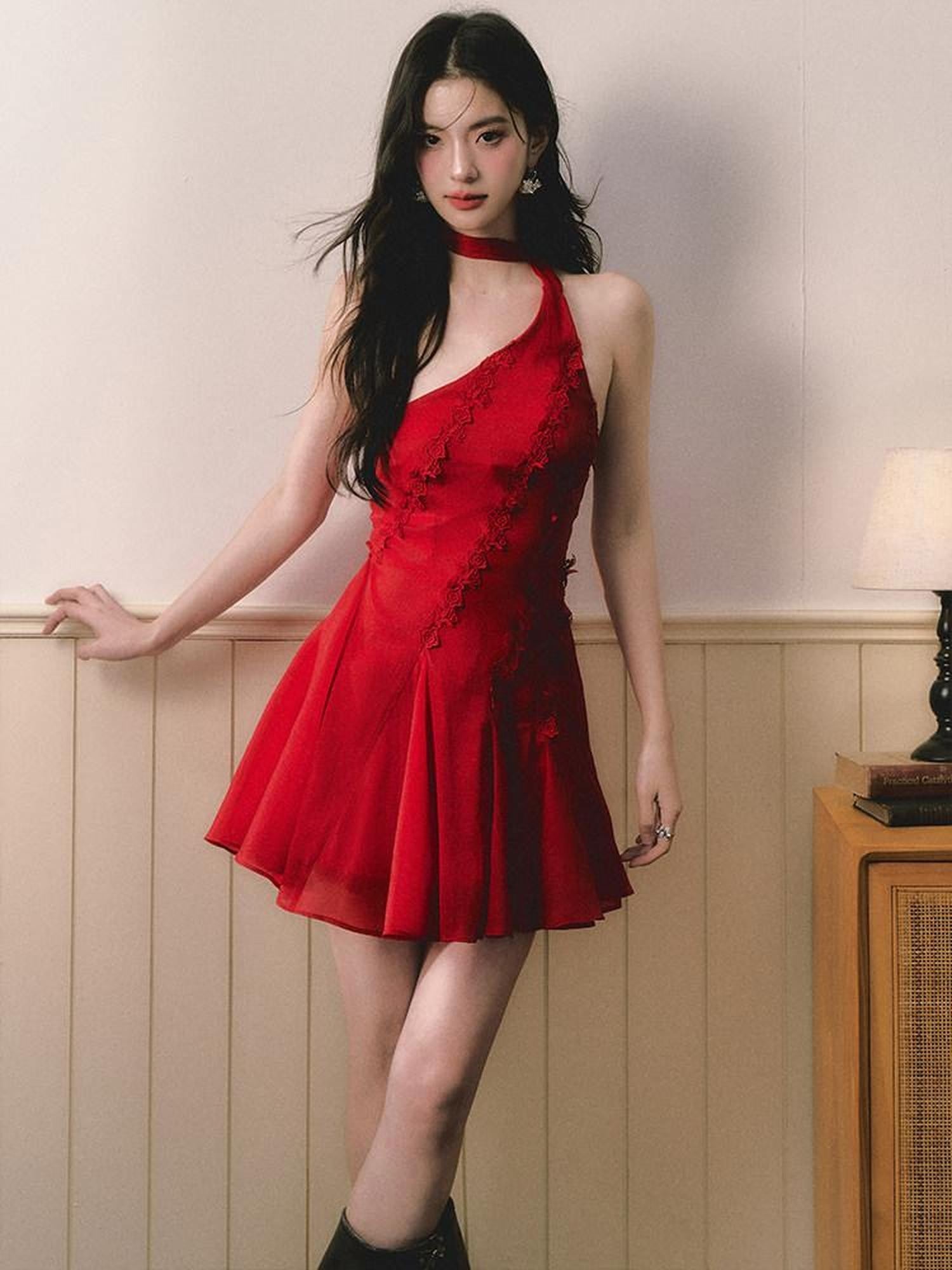 1P STUDIO Red Rose Asymmetrical One Shoulder Waist Cinched Women&