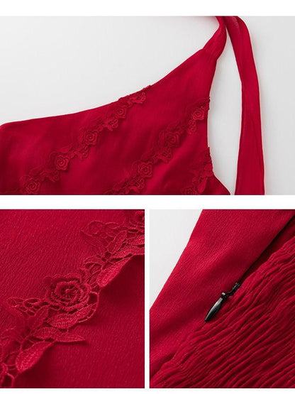 1P STUDIO Red Rose Asymmetrical One Shoulder Waist Cinched Women&