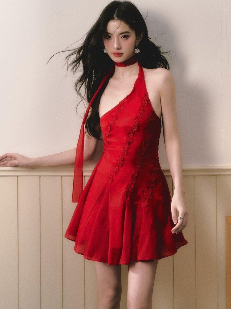 1P STUDIO Red Rose Asymmetrical One Shoulder Waist Cinched Women&