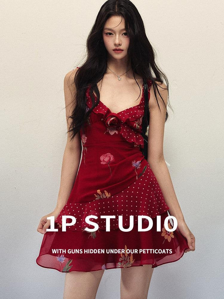 1P STUDIO Red Rose Print Polka Dot Patchwork 3d Floral Women&