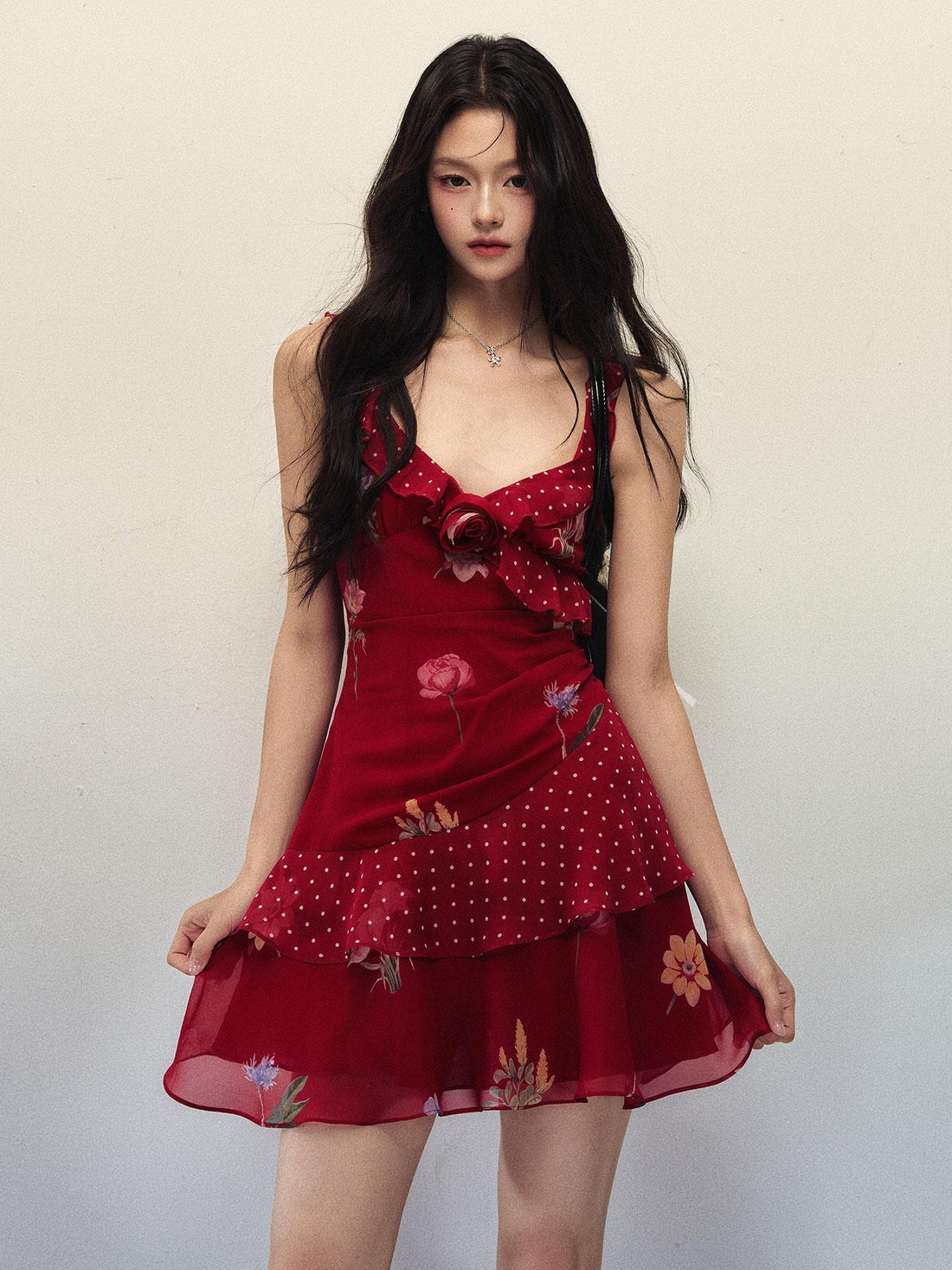 1P STUDIO Red Rose Print Polka Dot Patchwork 3d Floral Women&