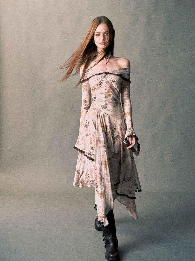 1P STUDIO Rose Butterfly Print Bardot Irregular Aline Women&