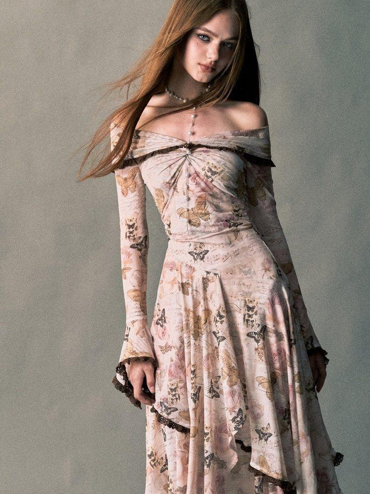 1P STUDIO Rose Butterfly Print Bardot Irregular Aline Women&