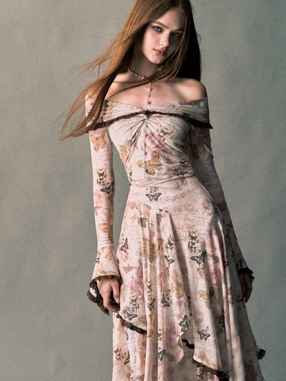 1P STUDIO Rose Butterfly Print Bardot Irregular Aline Women&
