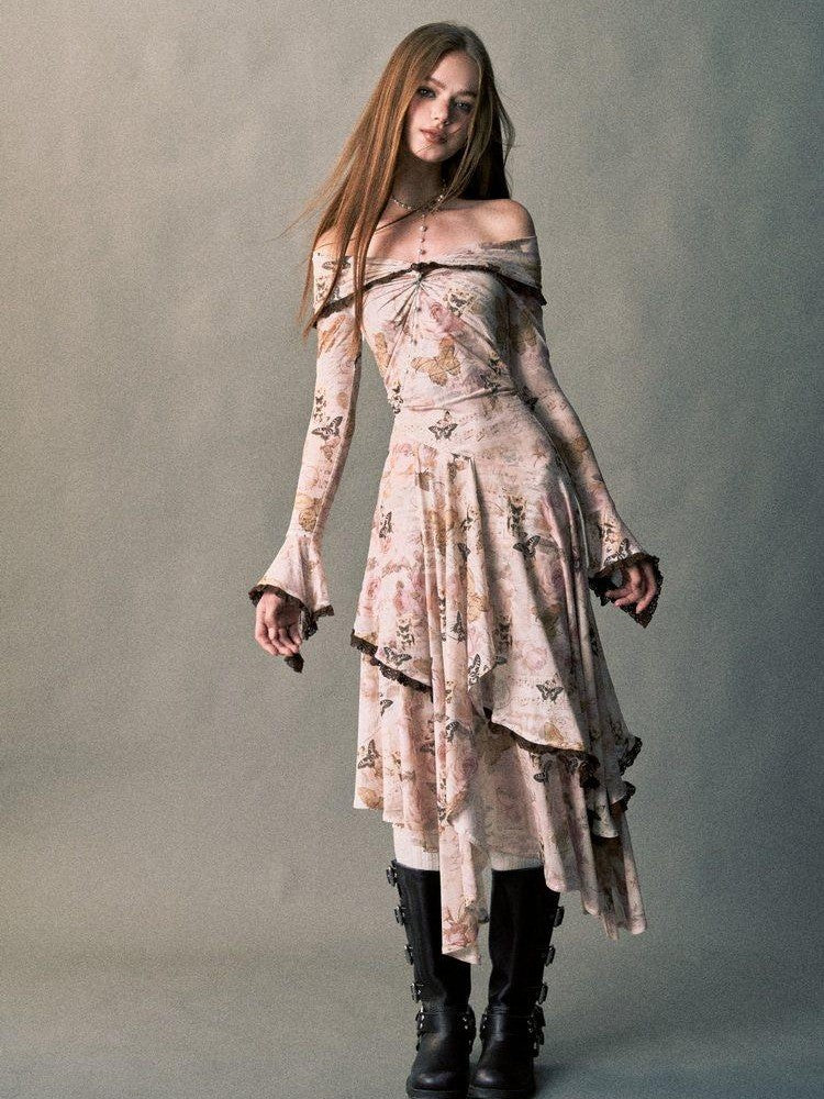 1P STUDIO Rose Butterfly Print Bardot Irregular Aline Women&