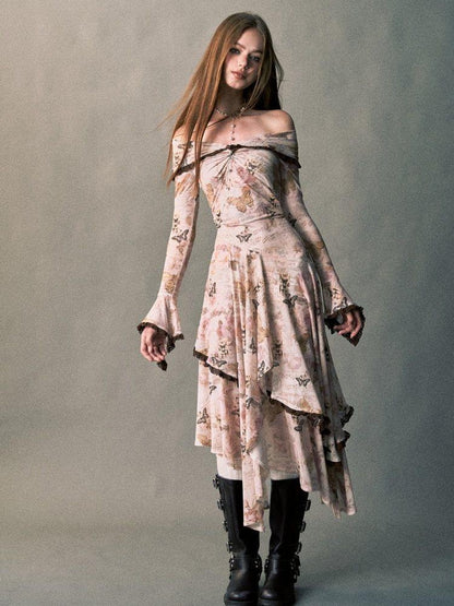 1P STUDIO Rose Butterfly Print Bardot Irregular Aline Women&