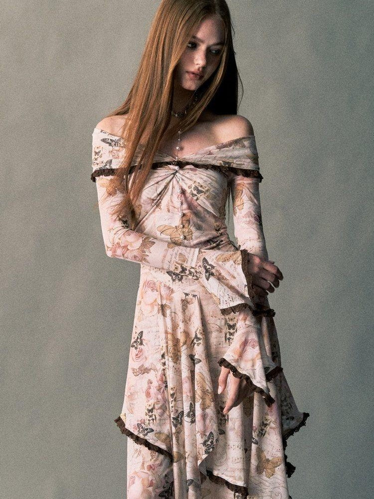 1P STUDIO Rose Butterfly Print Bardot Irregular Aline Women&