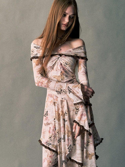1P STUDIO Rose Butterfly Print Bardot Irregular Aline Women&
