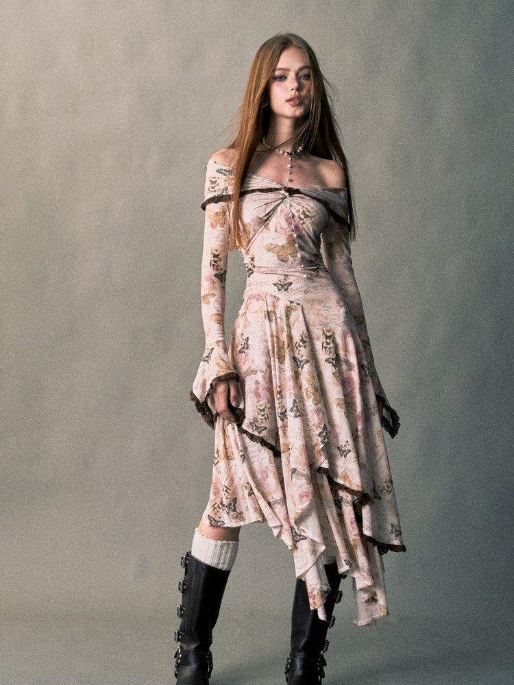 1P STUDIO Rose Butterfly Print Bardot Irregular Aline Women&