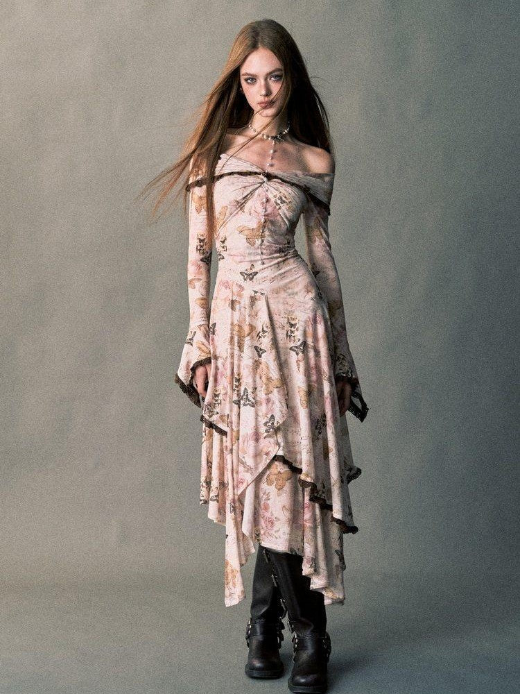1P STUDIO Rose Butterfly Print Bardot Irregular Aline Women&